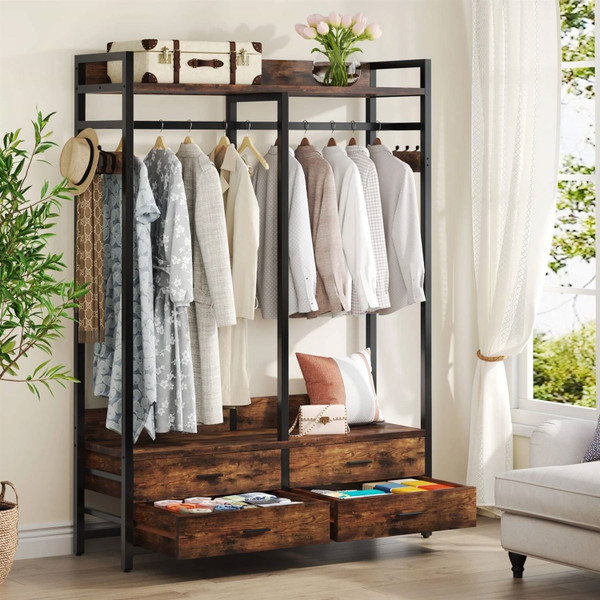 Heavy Duty Brown Black Garment Rack Clothes Hanging Rod with 4 Storage Drawers Q280-RBFSDMG1892563