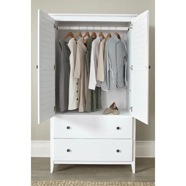 FarmHome Louvered Distressed White Solid Pine Armoire Q280-WHGF5699