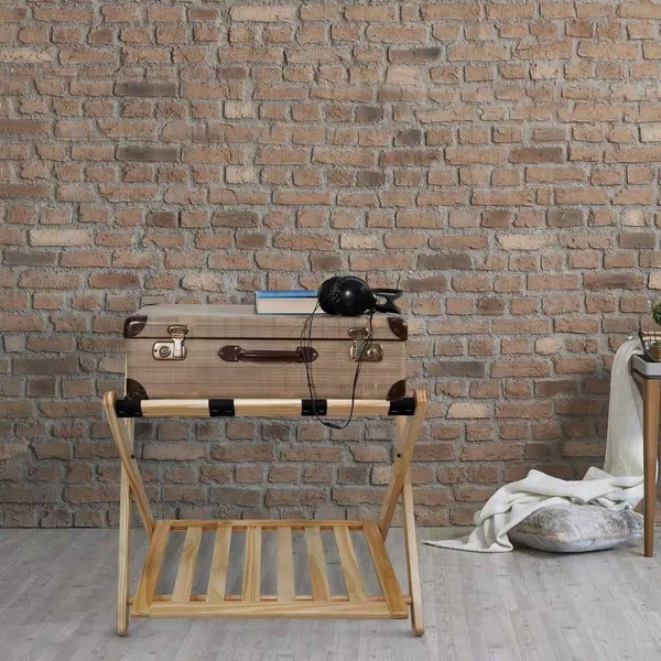 Solid Wood Luggage Rack with Bottom Storage Shelf in Natural with Black Straps Q280-NCHSWLRS44925814