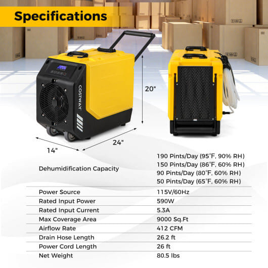190 PPD Commercial Dehumidifier with Pump and 2 Wheels-Yellow - Color: Yellow D681-ES10403US-YE