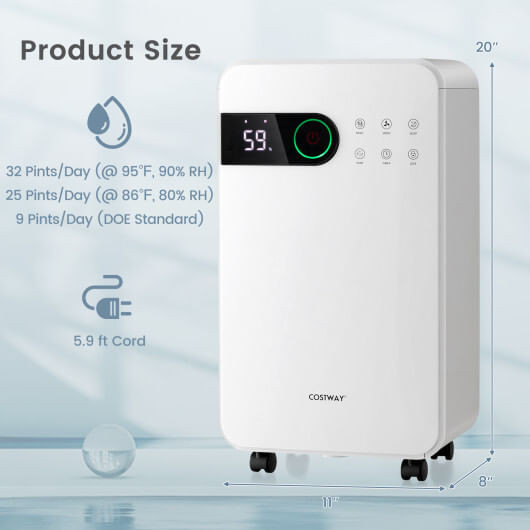 32 Pints Dehumidifier with Sleep Mode and 24H Timer for Home Basement-White B593-ES10260US