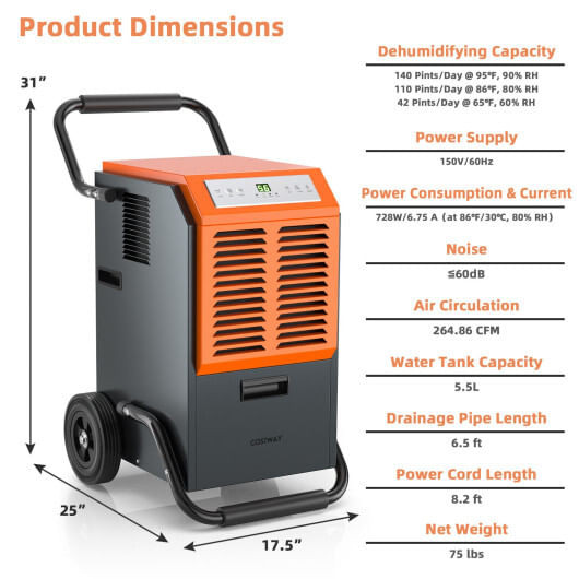 163 Pints Commercial Dehumidifier with Drain Hose and 24H Timer-Gray - Color: Gray D681-ES10111US-GR