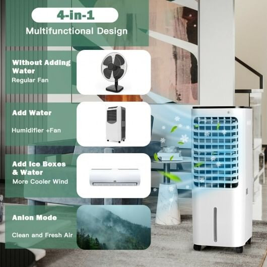 4-in-1 Evaporative Air Cooler with 12L Water Tank and 4 Ice Boxes-White - Color: White D681-ES10012US-WH