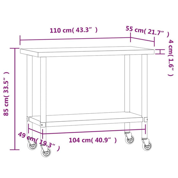 Kitchen Work Table with Wheels 43.3"x21.7"x33.5" Stainless Steel A949-376464