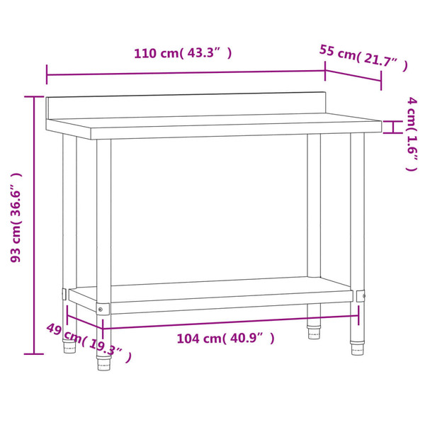 Kitchen Work Table with Backsplash 43.3"x21.7"x36.6" Stainless Steel A949-376466