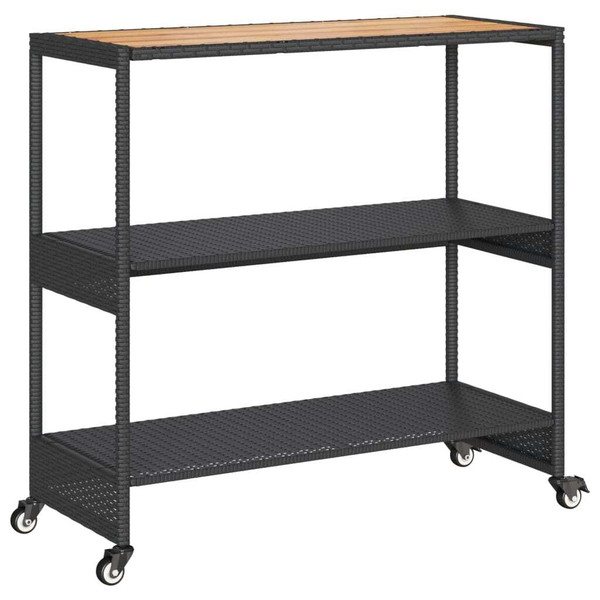 Bar Cart 3-Tier Black Poly Rattan and Solid Wood Acacia A949-368723