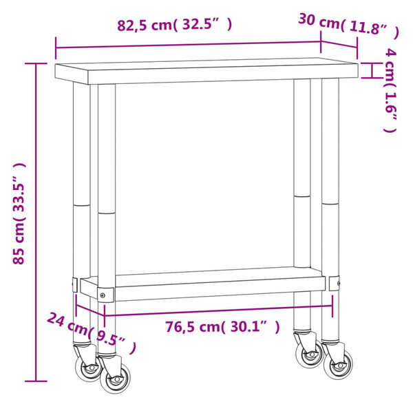 Kitchen Work Table with Wheels 32.5"x11.8"x33.5" Stainless Steel A949-376460