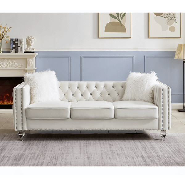 Beige, 2+3 Seat Sofa Set, Velvet Crystal Buckle Upholstery Sofa, Crystal Feet, Removable Cushion, F T575-S0671294544