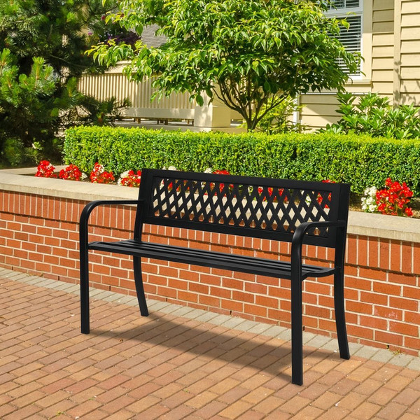 47in PVC Mesh Backrest Iron Bench Black T575-S0671293726