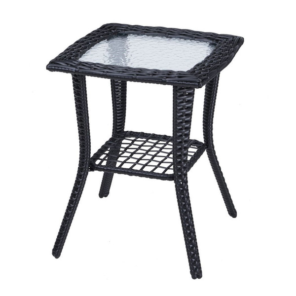 Outdoor Wicker Side Table, Rattan End Table with Glass Top, Patio Coffee Bistro Table for Indoor Ga T575-S0671443213