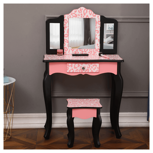 Three-Fold Mirror Single Drawer Arc Feet Children Dresser Red Leopard Print T575-S0671288511