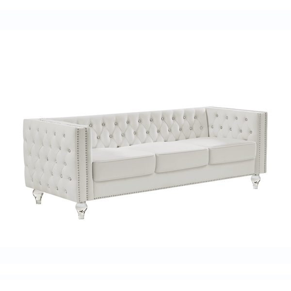Beige, Three-seater Sofa, Velvet Crystal Buckle Upholstery Sofa, Crystal Feet, Removable Cushion, T T575-V0671300862