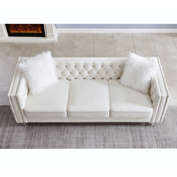 Beige, Three-seater Sofa, Velvet Crystal Buckle Upholstery Sofa, Crystal Feet, Removable Cushion, T T575-S0671291058