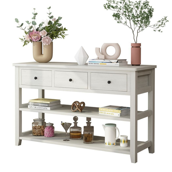 Console Table with Wood Frame and Legs, Sofa Table Entryway Table with 3 Drawers and 2 Open Shelves T575-S0671276057