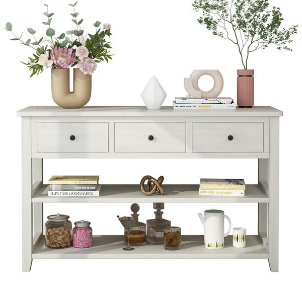 Console Table with Wood Frame and Legs, Sofa Table Entryway Table with 3 Drawers and 2 Open Shelves T575-S0671276057
