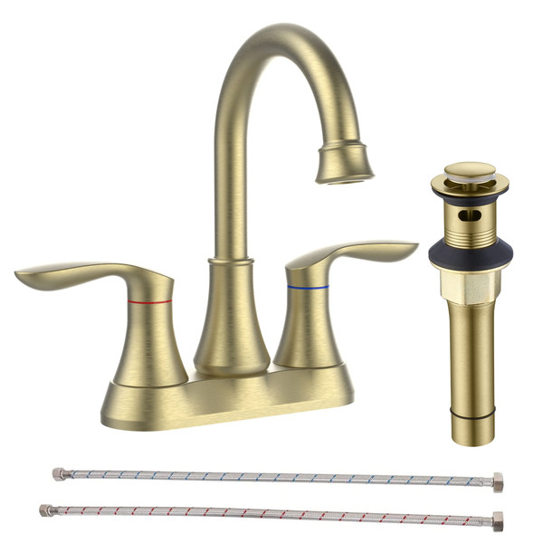 Bathroom Faucet Brushed Gold with Pop up Drain & Supply Hoses 2-Handle 360 Degree High Arc Swivel S T575-S0671289292