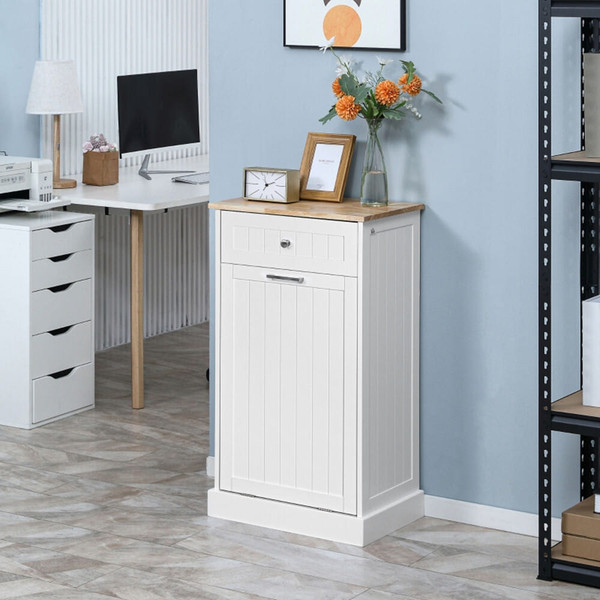 Kitchen Tilt Out Trash Bin Cabinet Free Standing Recycling Cabinet Trash Can Holder With Drawer, wh T575-S0671266615