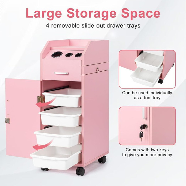 Hair Salon Storage Cart with Wheels & 3 Hair Dryer Holders & 4 Drawers & Lock & 2 Keys, Hairdressin T575-S0671389720