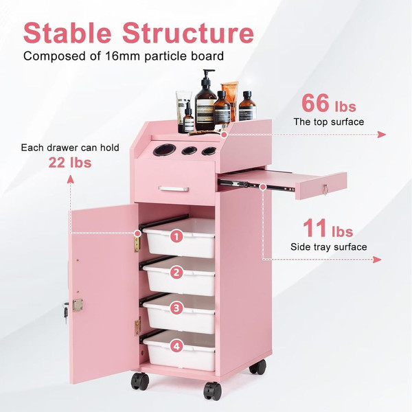 Hair Salon Storage Cart with Wheels & 3 Hair Dryer Holders & 4 Drawers & Lock & 2 Keys, Hairdressin T575-S0671389720