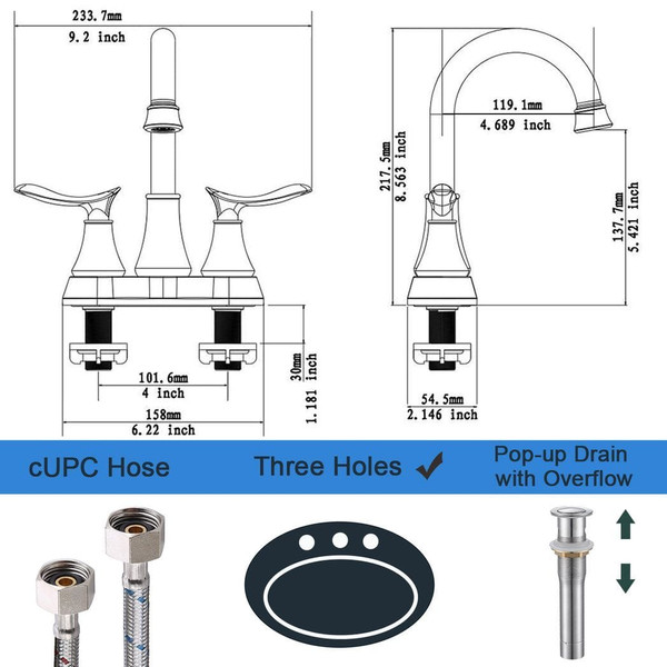 2-Handle 4-Inch Brushed Nickel Bathroom Faucet, Bathroom Vanity Sink Faucets with Pop-up Drain and  T575-S0671297115