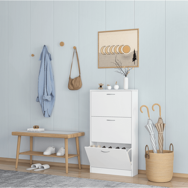 Shoe Cabinet for Entryway, White Narrow Shoe Storage Cabinet Flip Down Shoe Rack Wood 3 Tier Shoe O T575-S0671274530