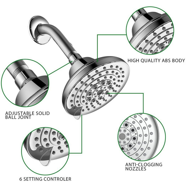 6 Spray Settings High Pressure Shower Head 5" Rain Fixed Showerhead - Chrome Adjustable Shower Head T575-S0671298504