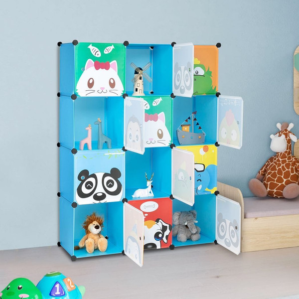 4 layers, 12 grids with animal patterns and 2 hanging rods, Rubik's cube wardrobe, plastic, steel w T575-S0671435289
