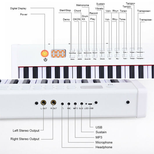 88-Key Portable Full-Size Semi-weighted Digital Piano Keyboard-White - Color: White D681-MU10068WH
