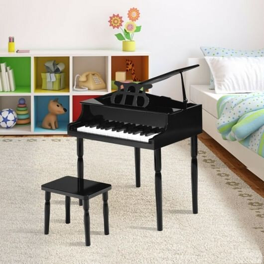 30-Key Wood Toy Kids Grand Piano with Bench & Music Rack-Black - Color: Black D681-MU10035BK