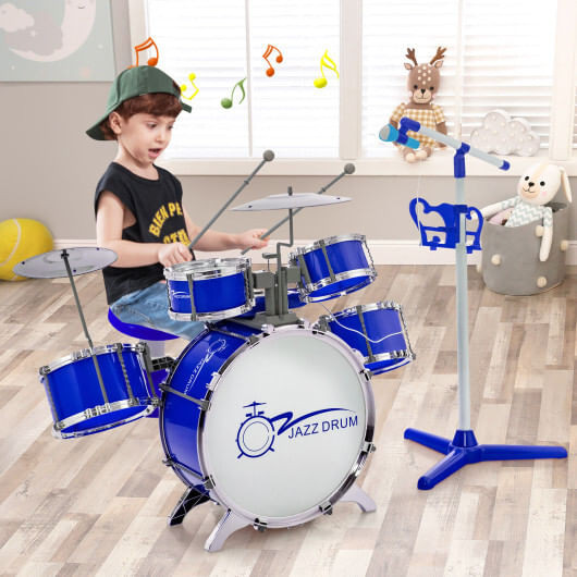 Kids Jazz Drum Keyboard Set with Stool and Microphone Stand-Blue - Color: Blue D681-TM10016BL