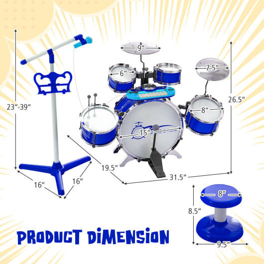 Kids Jazz Drum Keyboard Set with Stool and Microphone Stand-Blue - Color: Blue D681-TM10016BL