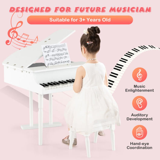 30-Key Kids Piano Keyboard Toy with Bench Piano Lid and Music Rack-White - Color: White D681-TY322017WH