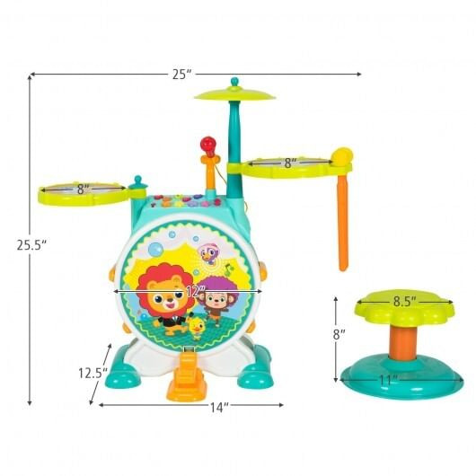 3 Pieces Electric Kids Drum Set with Microphone Stool Pedal B593-UY10007