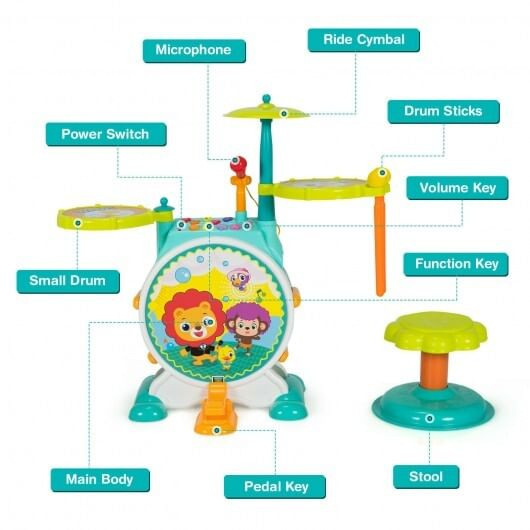 3 Pieces Electric Kids Drum Set with Microphone Stool Pedal B593-UY10007