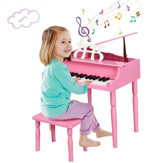 30-Key Wood Toy Kids Grand Piano with Bench & Music Rack-Pink - Color: Pink D681-MU10035PI