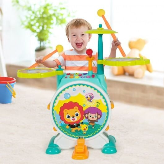3 Pieces Electric Kids Drum Set with Microphone Stool Pedal - Color: Green D681-UY10007
