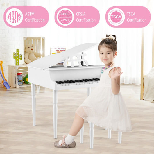 30-Key Wood Toy Kids Grand Piano with Bench and Music Rack-White - Color: White D681-MU10035WH