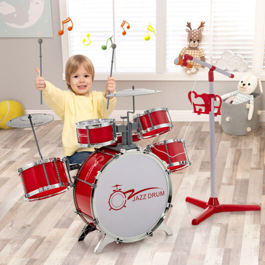 Kids Jazz Drum Keyboard Set with Stool and Microphone Stand-Red - Color: Red D681-TM10016RE