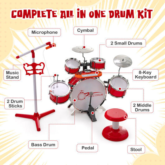 Kids Jazz Drum Keyboard Set with Stool and Microphone Stand-Red - Color: Red D681-TM10016RE
