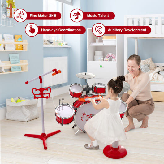 Kids Jazz Drum Keyboard Set with Stool and Microphone Stand-Red - Color: Red D681-TM10016RE