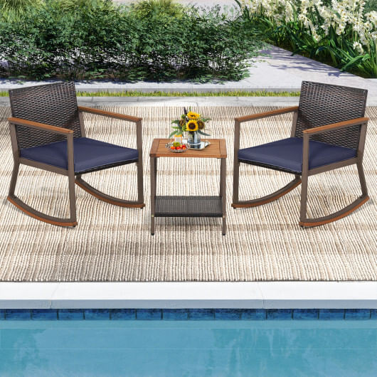 3 Pieces Rattan Rocking Bistro Set with Coffee Table and Cushions-Navy - Color: Navy D681-HW70901NY