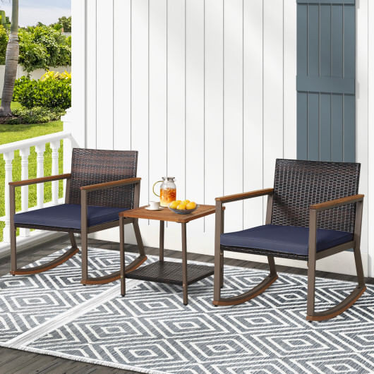 3 Pieces Rattan Rocking Bistro Set with Coffee Table and Cushions-Navy - Color: Navy D681-HW70901NY