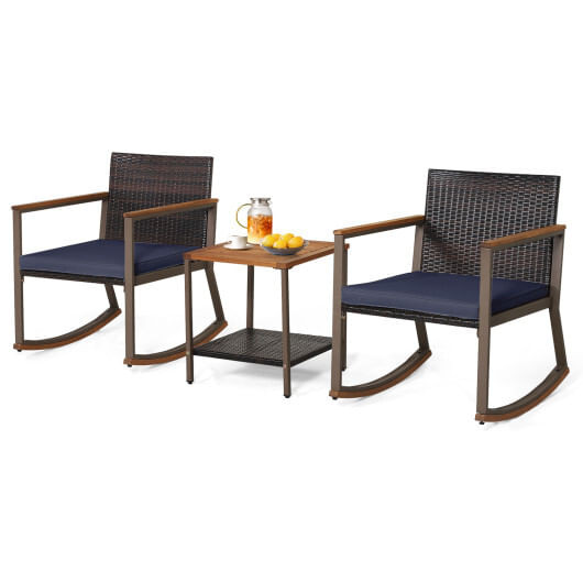3 Pieces Rattan Rocking Bistro Set with Coffee Table and Cushions-Navy - Color: Navy D681-HW70901NY