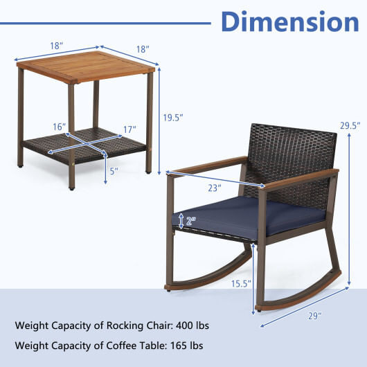 3 Pieces Rattan Rocking Bistro Set with Coffee Table and Cushions-Navy - Color: Navy D681-HW70901NY