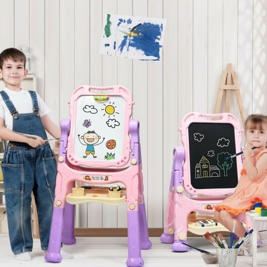 Height Adjustable Kids Art Easel Magnetic Double Sided Board-Pink - Color: Pink D681-TY590373PI