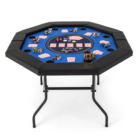 48 Inches Foldable Poker Table with Padded Rails and Cup Holders-Blue - Color: Blue D681-NP12057BL