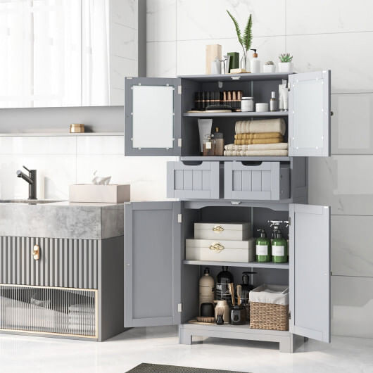 4 Door Freee-Standing Bathroom Cabinet with 2 Drawers and Glass Doors-Gray - Color: Gray D681-JV10643GR