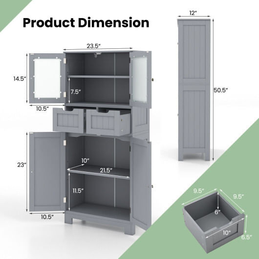 4 Door Freee-Standing Bathroom Cabinet with 2 Drawers and Glass Doors-Gray - Color: Gray D681-JV10643GR