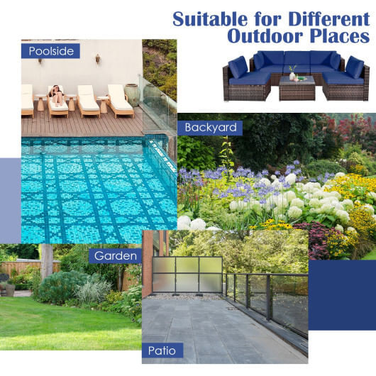 6 Pieces Patio Rattan Furniture Set with Cushions and Glass Coffee Table-Navy - Color: Navy D681-HW67937NYA+