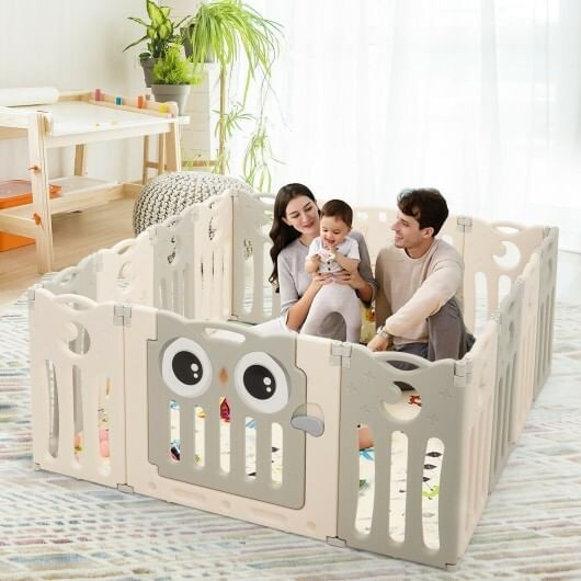 14-Panel Baby Playpen Kids Activity Center Foldable Play Yard with Lock Door-Beige - Color: Beige D681-BB5627BE